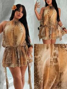 Rustia Plus Size Women Leopard Print Round Neck Sleeveless Cinched Waist Casual Mini Dress,Khaki,Summer,Boho,Vacation,Holiday Ruffle Cheetah Print Dress - Multicolor - View 1