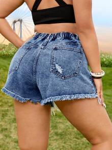 SHEIN EZwear 大码纯色做旧毛边修身性感牛仔短裤 - 淺色水洗藍 - 查看 3