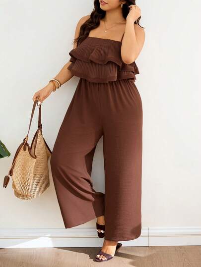 Lounesse Plus Size Women Spaghetti Strap Ruffle Hem Pleated Jumpsuit, Casual Plus Size Brown Jumpsuit