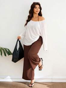 Lounesse 大码休闲纯色长袖上衣和裤子套装 女式两件套 休闲女式度假套装 女式套装 棕色阔腿裤套装 女式两件套 - 彩色 - 查看 6