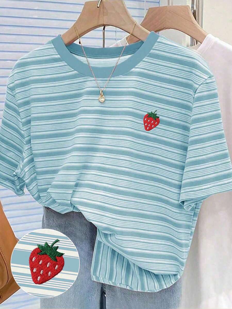 Summer & Autumn Casual Fashion Girl Retro Colorful Striped Strawberry Print Round Neck Short Sleeve Casual T-Shirt, Comfortable Summer & Autumn Style Suitable For Girls Daily Wear, Casual Round Neck Top Minimalist Colorful Striped Suitable For Women And Girls Everyday Casual, Fashion All Season Vacation Outfit - Multicolor - View 1