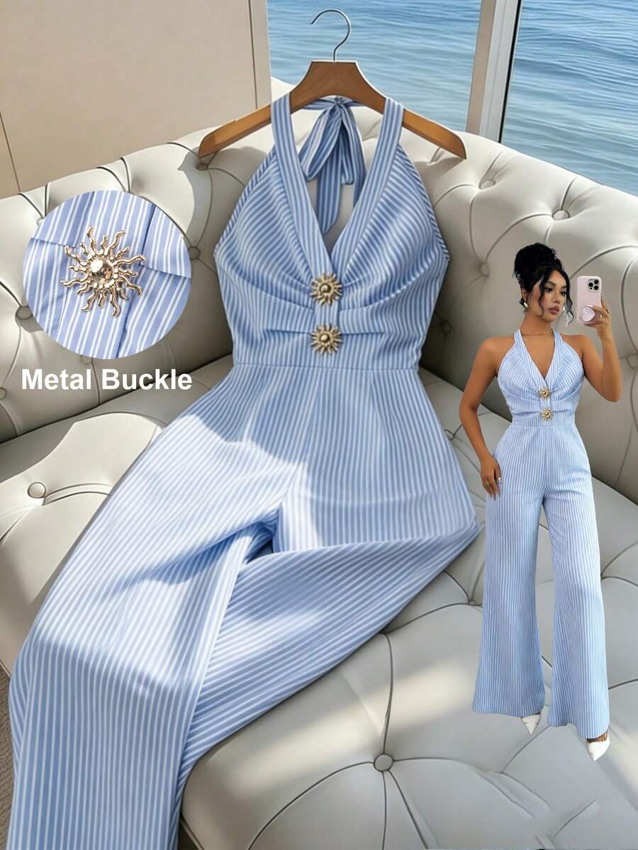 Franclia 女士蓝白条纹露背吊带连体裤，带搭扣装饰，腰部收紧，阔腿设计，适合春夏外出、音乐节、海滩度假和日常通勤。 - 藍白色 - 查看 1