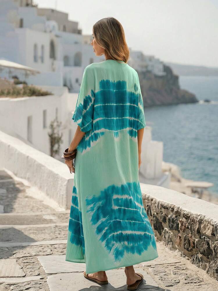 SHEIN Holidaya Sukienka damska w swobodnym stylu tie-dye, długa, zielona, z dekoltem w serek, kimono, półrękawem, asymetrycznym dołem, letnie sukienki typu kaftan, letnie stroje damskie, strój plażowy dla kobiet, ubrania w stylu śródziemnomorskim, strój boho dla kobiet, sukienka boho - Zielony - Zobacz 2