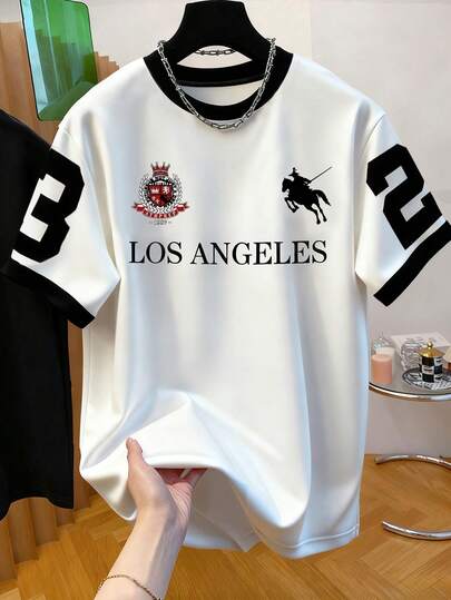 洛杉矶青少年男生暑期大学，简约马图案，23号印花休闲圆领短袖T恤