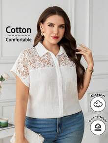 SHEIN Clasi Blusa holgada de encaje con patchwork blanca elegante de verano para mujer talla grande, tops de algodón cómodos para fiesta, casual, ropa de oficina y trabajo - Blanco - Ver 5