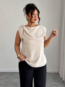 Elenzga Beige Linen-Cotton Sleeveless Shirt With Shoulder Ties,Smart Casual Summer Plus-Size Blouse,Office Stylish Streetwear For Vacations - Apricot - View 4