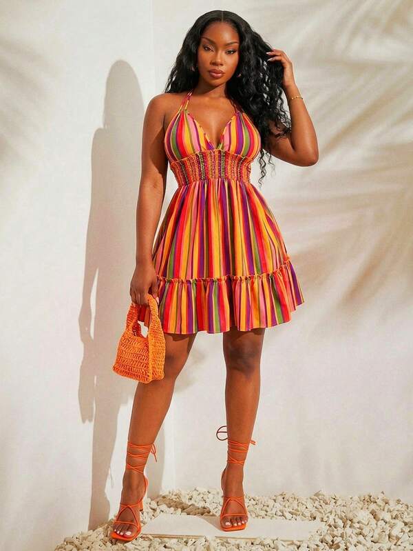 SHEIN SXY Plus Size Orange Striped Halter V-Neck Layered Ruched Swing Backless Tie-Waist Short Dress,Spring/Summer Casual Vacation Bohemian Elegant Suitable For Everyday Wear, Music Festival, Concert, Carnival Party, Beach Vacation, Date Night, Birthday, Bachelorette Party, Club, Cute, Casual, Shopping, Streetwear, Going Out, Easy To Match & Looks Slim, Accent Your Body, Flatter The Figure Rainbow Dress Women Summer Sexy Dress Sexy Sundress Colorful Dress Tequila Sunrise Dress Plus Vacation Dress