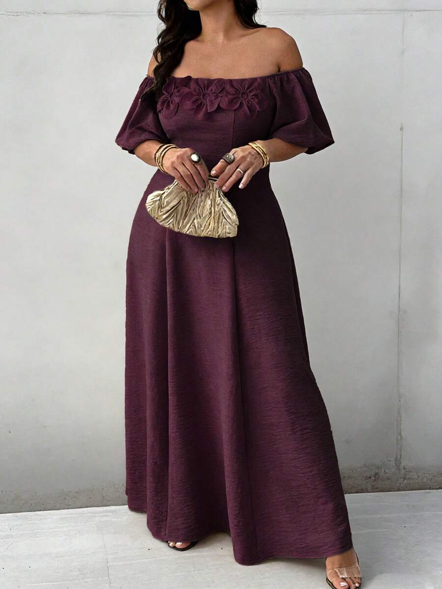 SHEIN LUNE Đầm tay ngắn dáng ôm, màu trơn, hở vai, cỡ lớn, thích hợp mặc hàng ngày. - Màu Đỏ Sâu - Xem 1