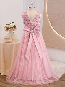 Glamorique Kids 香槟色儿童连衣裙，圣诞主题金色连衣裙，高端儿童派对服装，带大蝴蝶结和亮片的长裙 - 粉色 - 查看 2