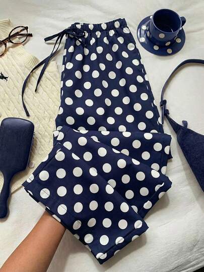 Comfortcana 蓝色波点编织系带阔腿裤，适合夏季度假、海滩、春夏、秋季女装、女士下装、夏季、毕业季、返校季、校园、度假、野餐等场合。