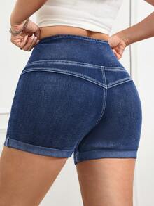 SHEIN CURVE+ Women's Plus Size Denim Shorts,Navy Blue Summer High Waist Stretchy Casual Short Jeans With Pockets,Smart Casual Hiking Chic Y2k Streetwear Shorts - Blue - View 2