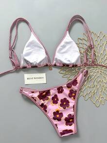 Swim Mod 2026 Random Pink Flower + Pink Plaid Adjustable Crisscross Back Gold Pendant High Cut Bikini Swimsuit 2 Piece Set For Women - Multicolor - View 2