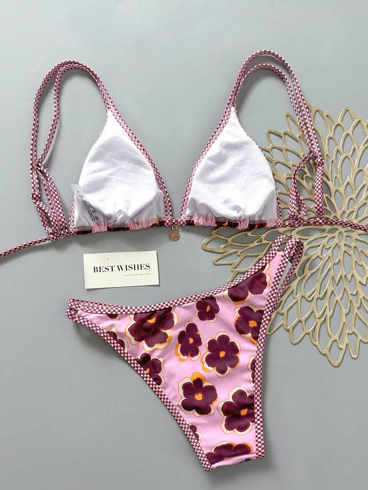 Swim Mod 2026 Random Pink Flower + Pink Plaid Adjustable Crisscross Back Gold Pendant High Cut Bikini Swimsuit 2 Piece Set For Women - Multicolor - View 2