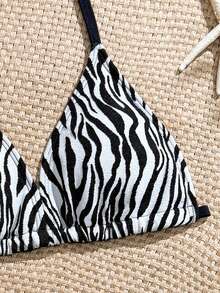 SHEIN 少女新款纯色米色比基尼套装，简约泳装沙滩度假装 - 黑與白 - 查看 4