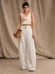 Anewsta Spring New Year Modern Women Flared Pants With Belt, White Trousers - White - View 3