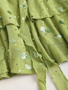 Sweetra Women's Summer New Elegant Fashion Sequins Ruffle Double-Layer Skirt With 3D Flower Ribbons, Casual Vacation Y2K Mini Green Skirt, Spring/Summer Double-Layer Ruffle Sequins A-Line Mini Skirt - Green - View 5