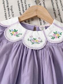 Emery Rose Kids 少女田园风花卉刺绣荷叶边泡泡袖连衣裙，百搭花卉图案圆领荷叶边撞色连衣裙 - 淡紫色 - 查看 5