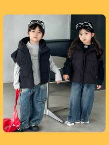 SHEIN Tween Boy Thick Street Casual Outdoor Vest, Essential Outerwear Jacket For Autumn/Winter, Christmas, Thanksgiving, Halloween Activities - Black - View 7