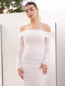 Andrea Bello Spring And Summer Elegant White Long-Sleeved Off-Shoulder Pleated Mesh Bodycon Dress - White - View 1