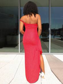 Steph T Vestido largo brillante y asimétrico con volantes y abertura alta lateral, perfecto para fiestas de Navidad, vacaciones, citas y Día de San Valentín. Vestido de lentejuelas para año nuevo, ropa de fiesta para mujeres. - Rojo - Ver 2