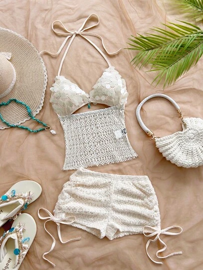 Soleia Women's Vintage Vacation V-Neck Halter Backless Tie-Up Fitted Contrast Color Top And Low Waist Ruched Drawstring Shorts 2 Piece Set, Suitable For Party, Christmas, Date, Nightclub, Beach, Cruise, Afternoon Tea, Bohemian, Boho, Vacation, Fall