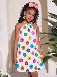 Tween Mädchen Blumenmuster ärmelloses lässiges Urlaubs-Kleid, Tween Mädchen, Muttertags-Outfit, Abschluss, Mommy And Me passende Outfits - Verschiedenfarbig - Übersicht 3