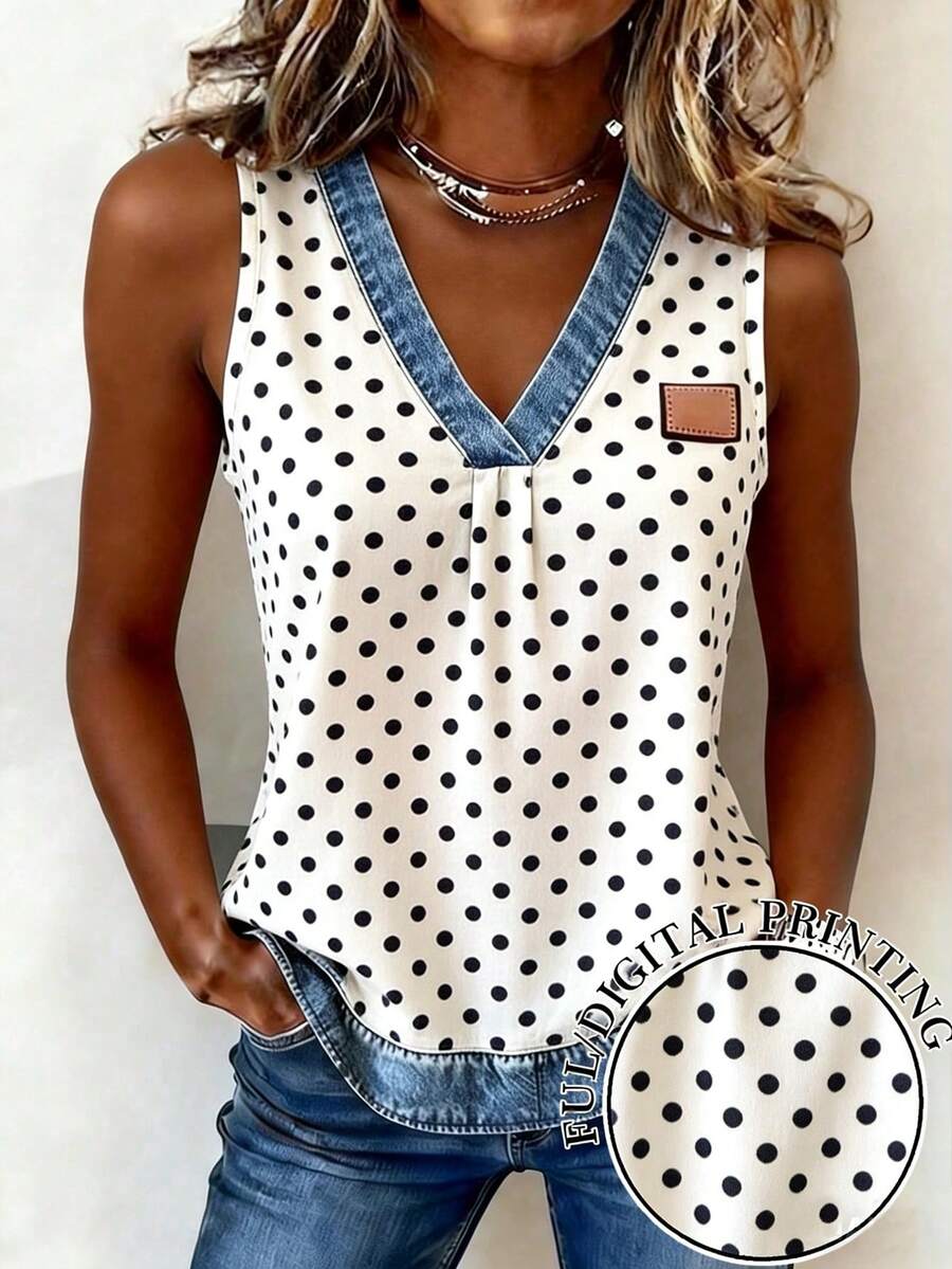 EMERY ROSE Nueva camiseta de tirantes con cuello en V y efecto de lunares en denim para mujeres - Blanco - Ver 1