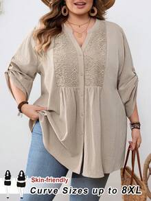 SHEIN CURVE+ Blusa holgada con botones delanteros, parches de encaje y unicolor, estilo bohemio, para vacaciones en la playa o festivales de música, talla grande US22 - Albaricoque - Ver 10