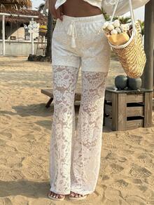 Livesso Pantalones casuales de verano con cordón y parches de encaje para mujer - Blanco - Ver 5
