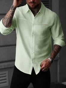 Manfinity CasualCool 男士纯色简约纹理前开襟长袖休闲衬衫 - 綠色 - 查看 6