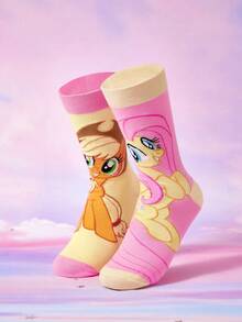 My Little Pony X SHEIN 3双装不对称袜子，柔软透气吸湿，休闲不对称设计，中筒袜，甜美卡通图案，时尚可爱糖果色，女士及女孩袜子，加固趾部和脚跟，经久耐穿，四季皆宜，百搭夏季冬季，图案袜子，Y2K风格，糖果色。 - 彩色 - 查看 10