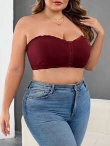 SHEIN CURVE+ 大码女装/秋季服装/女士秋季服装/女士冬季服装/大码女士前扣露脐上衣，性感修身吊带背心，女士秋季服装，冬季，大码 - 酒紅色 - 查看 4