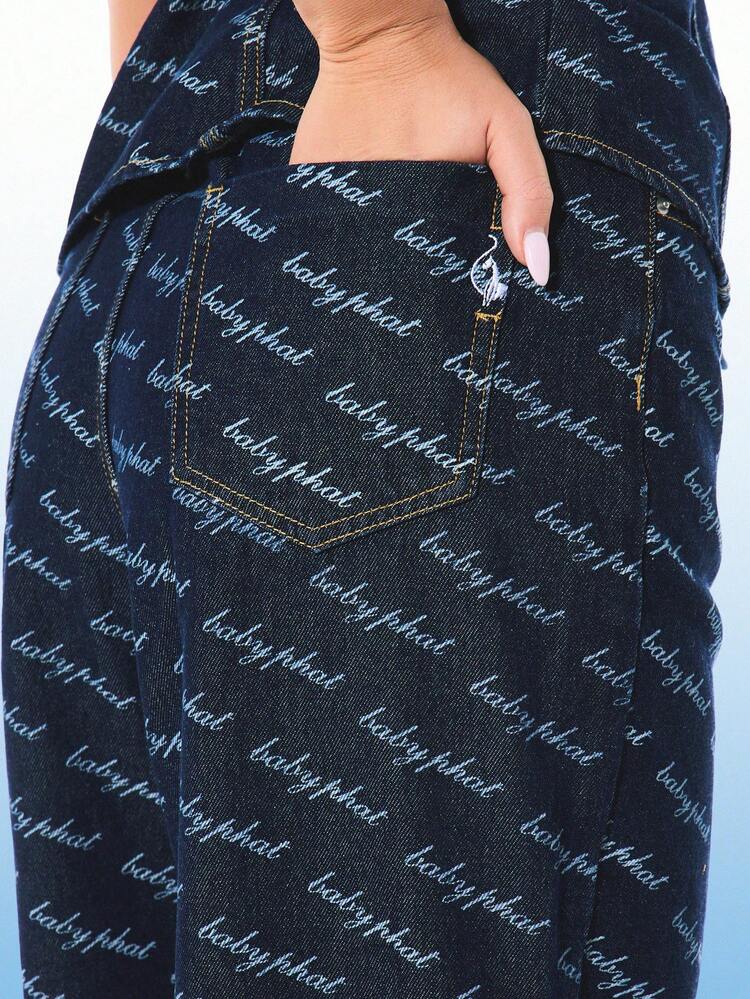 BABYPHAT Women's High Rise All Over Script Print Baggy Jeans Navy Wide Leg Casual Denim Pants Vintage Style Button Front Relaxed Fit Streetwear
