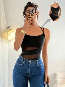 Rafferiza Modischer figurbetonter Mesh-Patchwork-Camisole-Bodysuit, Schwarz, vielseitig tragbar als Pendlerkleidung für Frühling/Sommer - Schwarz - Übersicht 1