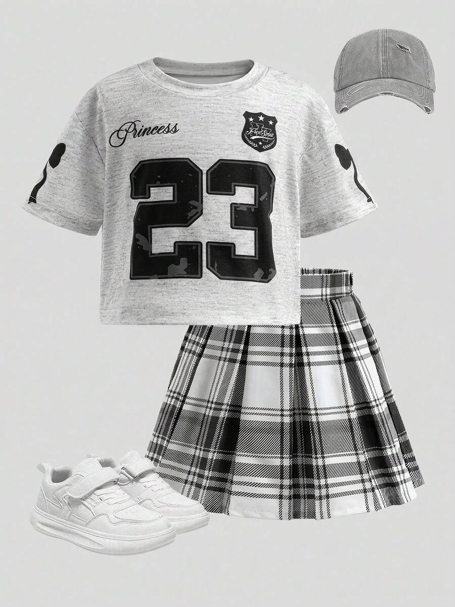 2pcs/Set Young Girls Numeric Print Round Neck Short Sleeve Top & Plaid Skirt - Grey - View 1