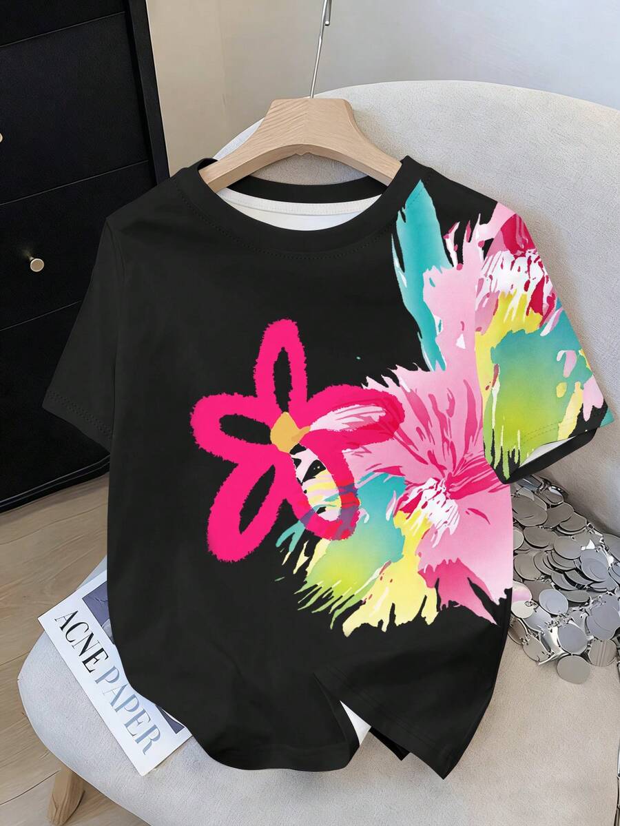SHEIN 色彩缤纷的Y2K多巴胺花卉印花宽松圆领女式T恤 - 黑色 - 查看 1