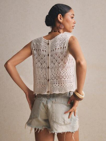 Poéselle Hollow-Out Knitted Sleeveless French Retro Vest, Backless With Wave Collar,Going Out Top,Vacation Outfits Women,Country Style For Women ,Beach Outfits For Women,Perfect For Vacation, Travel, Weekend, And Beach Wear,Spring/Summer