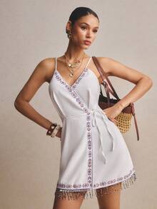 Poéselle 女士度假休闲刺绣串珠流苏下摆系带吊带迷你连衣裙 - 白色 - 查看 1
