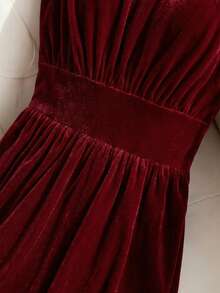 Franclia 春秋新款优雅刺绣吊带裙，收腰A字丝绒连衣裙，女士款 - 紅色 - 查看 3