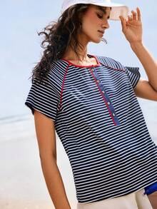 SHEIN Unity French Retro Striped Navy And White Cotton Blouse For Women,Summer Casual Loose Fit Half-Placket Raglan Sleeve Tshirt,Vacation Holiday Beach Outfit - Multicolor - View 3