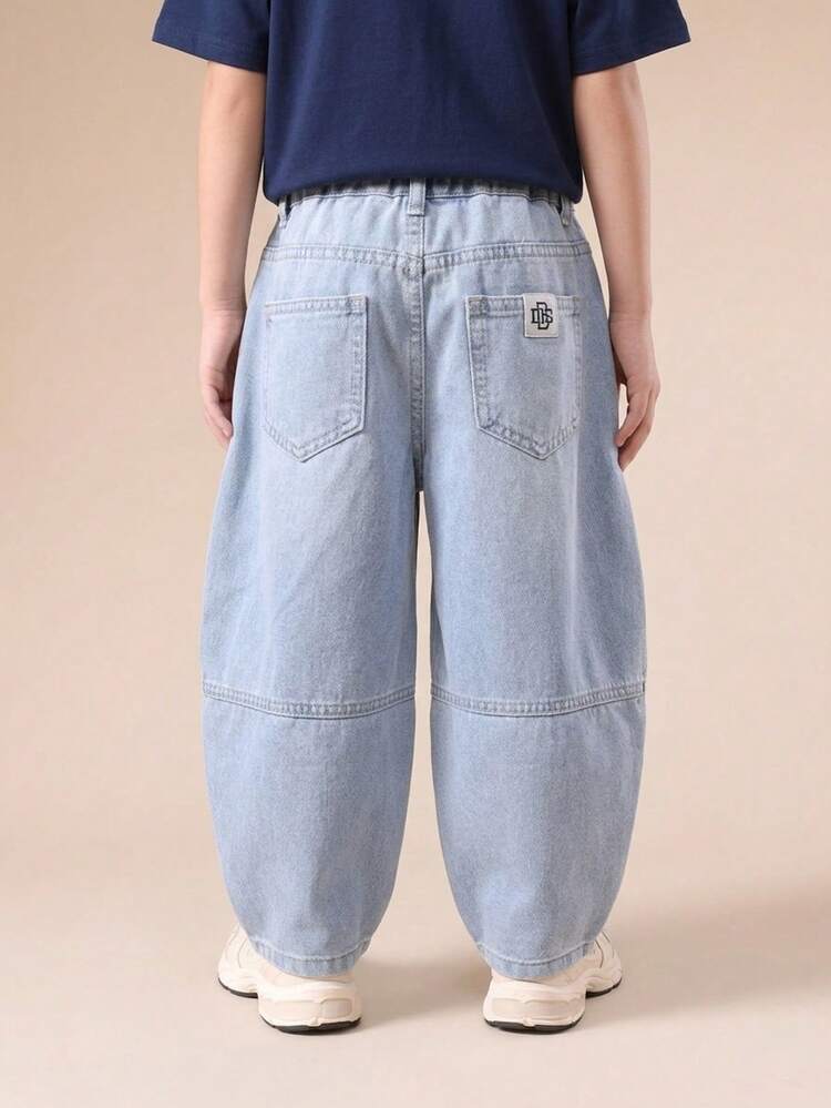 Boys Relaxed Fit Light Wash Wide Leg Denim Jeans With Seam Detail And Barrel Silhouette