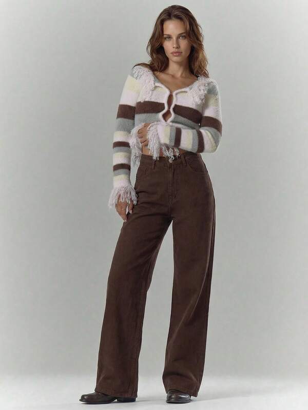 RueChic Petite High Waist Casual Wideleg Jean Cowboy Pants For Women Cowgirl Pants Wide Leg Jeans Woman Brown Jeans