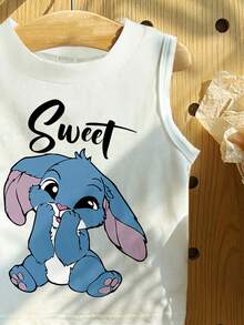 SHEIN Kawaii Cartoon Blue Rabbit Stitch Pattern,Ombre Floral Print,Young Girl Casual Minimalist Sleeveless Round Neck Tank Top,Suitable For Summer - Multicolor - View 4