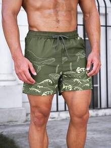 ZELFYO Pantalones cortos de playa casuales con cordón en la cintura y estampado de ballena para hombres - Verde Oliva - Ver 4