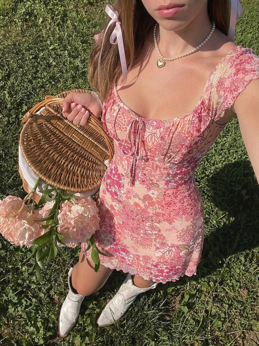 SHEIN MOD 女士休闲印花方领收腰短款连衣裙，夏季 - 粉色 - 查看 1