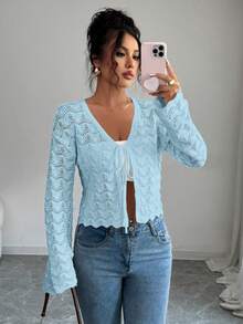 Elenzga Women's Elegant Tie-Front Hollow Out Cardigan - Blue - View 4