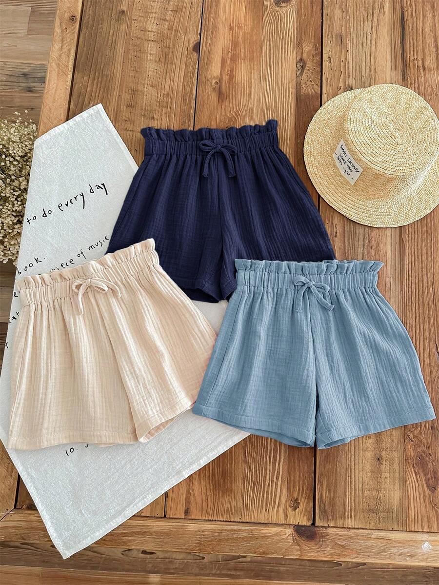 SHEIN LMoss Kids LMoss 女童三件套休闲夏季套装:梭织柔软双层纱褶边短裤,松紧腰带,纯色,百搭透气 - 藏蓝色 - 查看 1