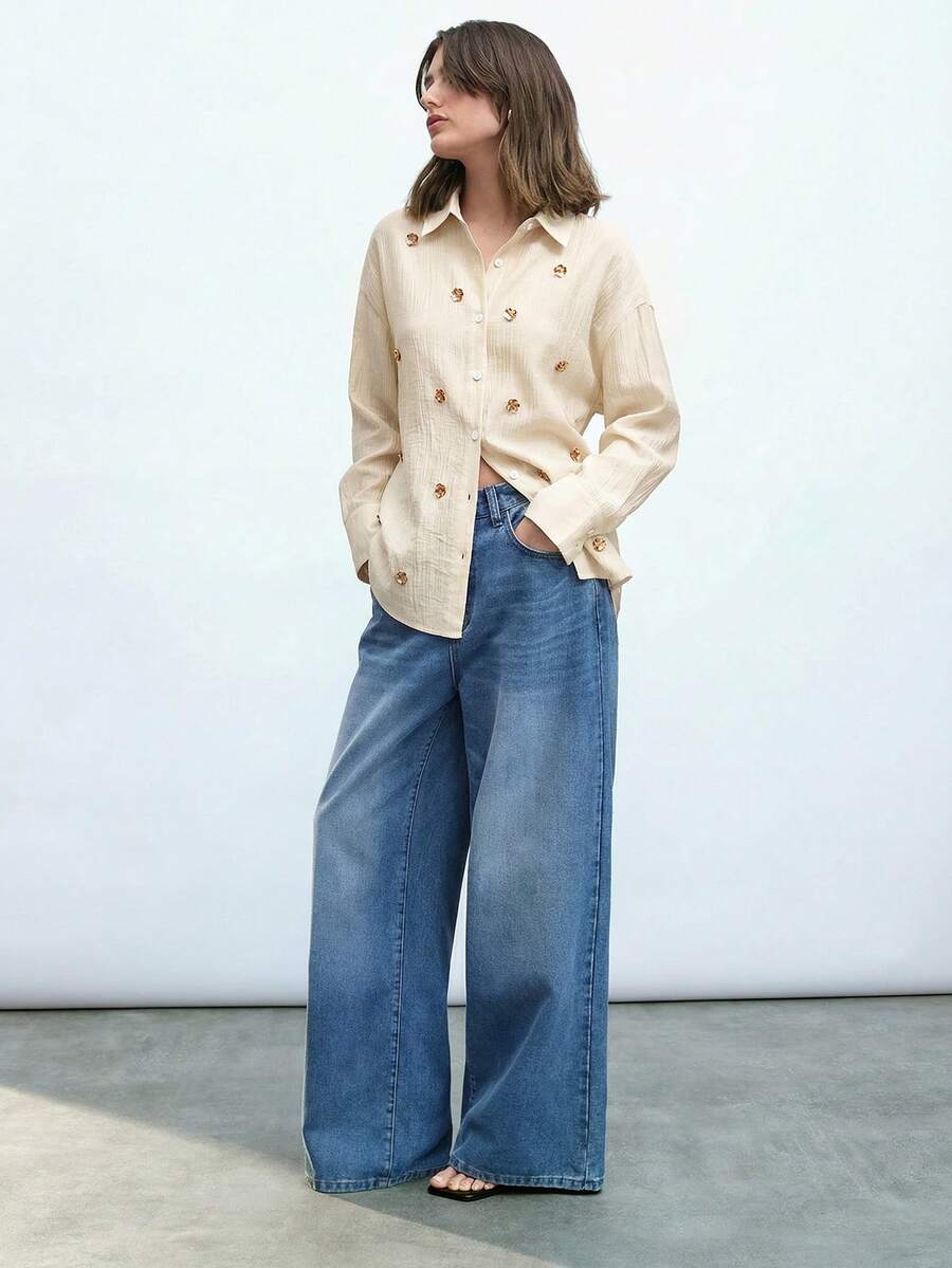 Maija 女士休闲亮片花朵装饰前扣长袖衬衫，秋季款 - 杏色 - 查看 1