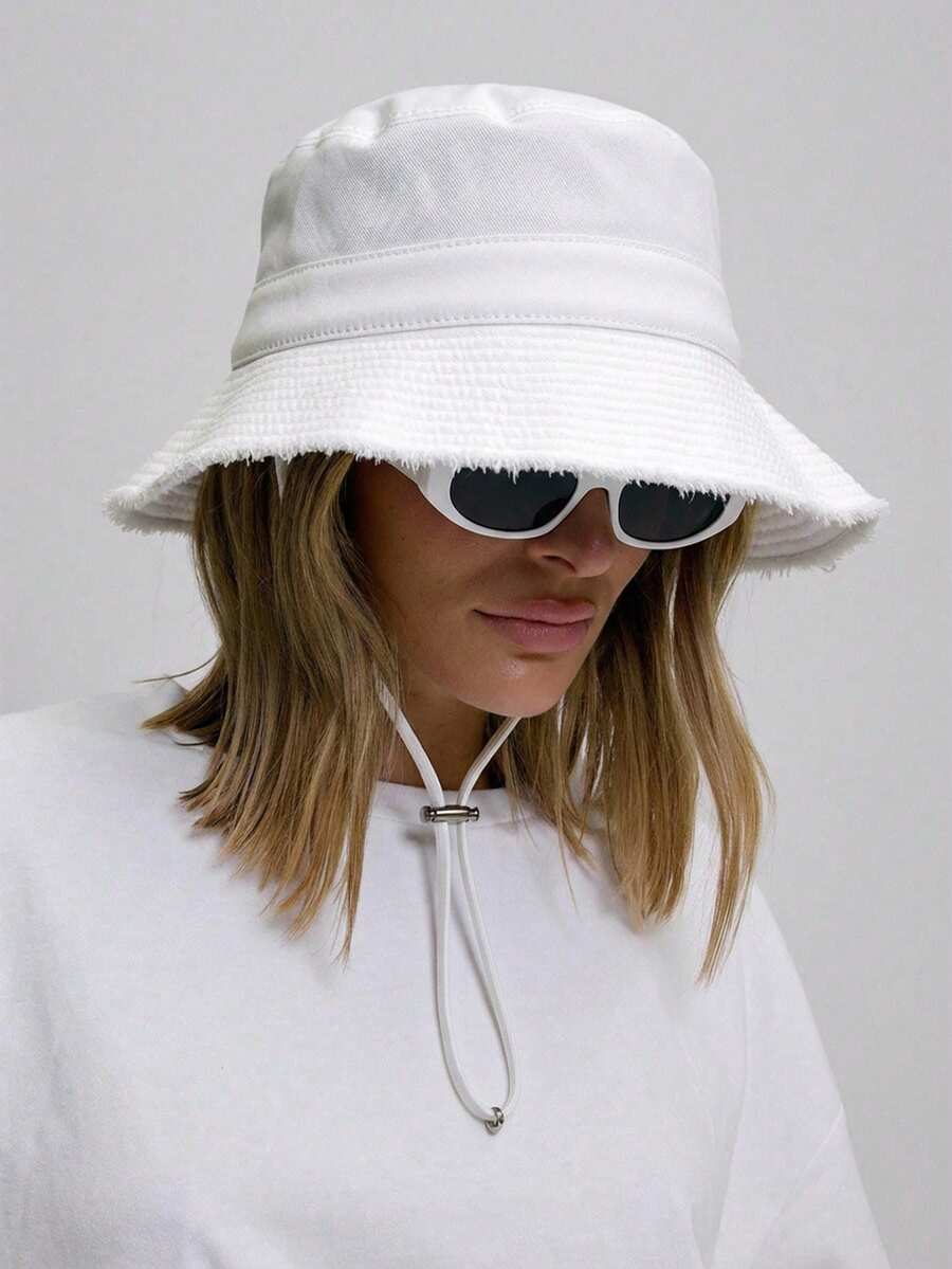 MUSERA Frayed Edge Tie String Bucket Hat Cool For Festival - White - View 1