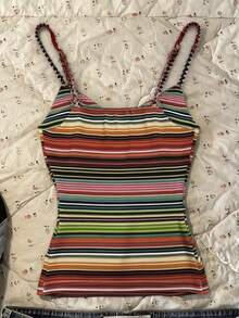 Glimmora 女士夏季度假条纹V领修身短款吊带背心 - 彩色 - 查看 2